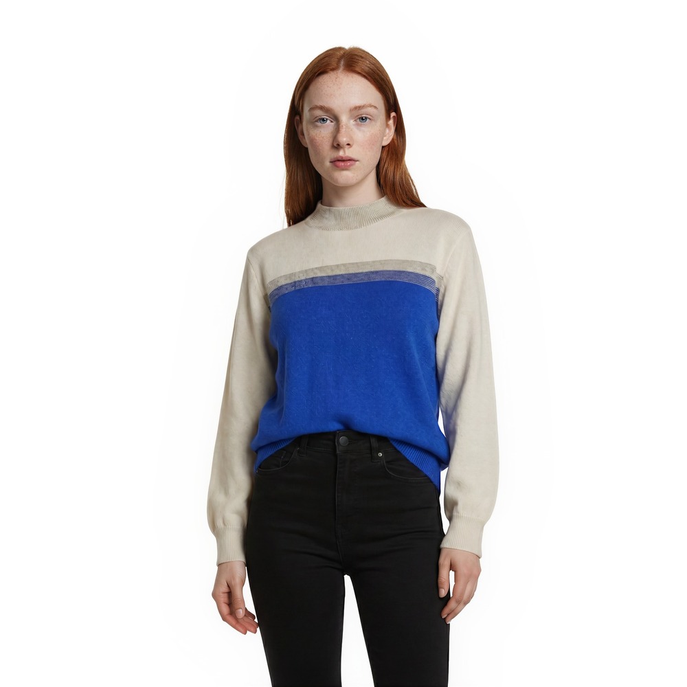 St. John Colorblock Sweater Top Womens Size Medium Blue Cream Metallic Mock Neck